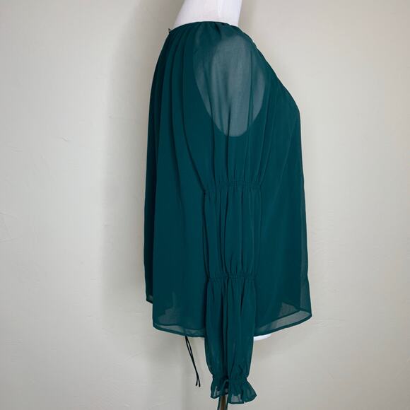 Dark Green Chiffon Blouse Gathered Bishop Sleeves Sz Medium - Picture 4 of 11